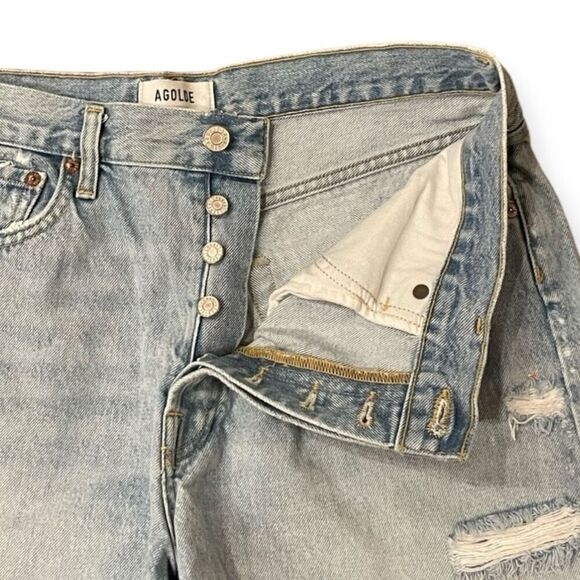 Agolde Parker Long Faded Blue Ripped Denim Shorts 30 - Picture 4 of 11